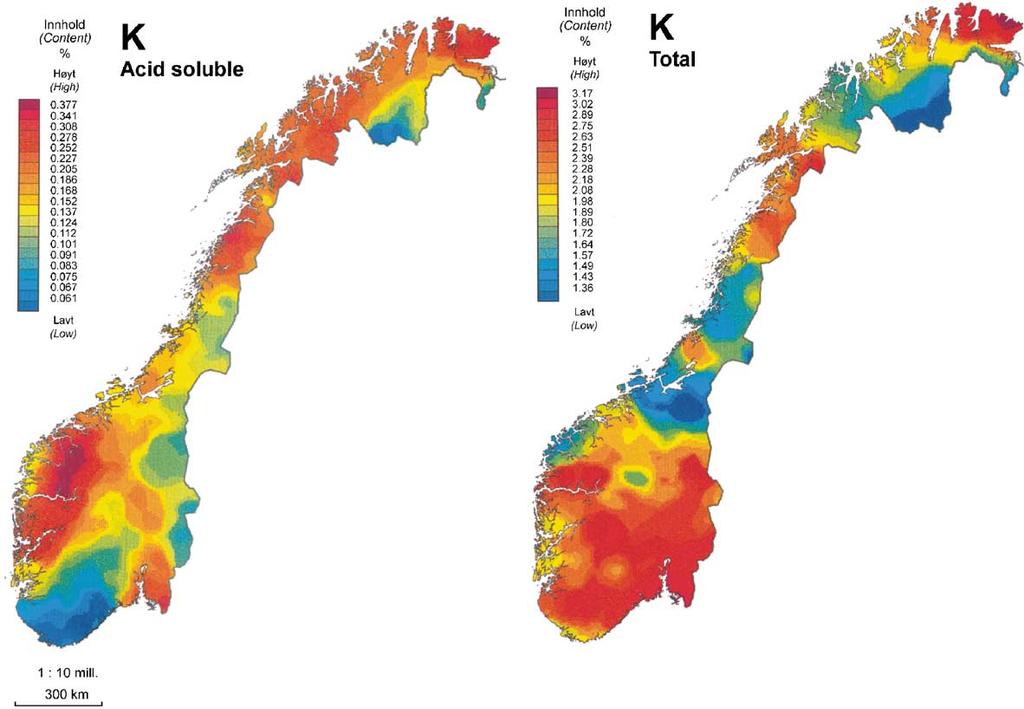 B. Bølviken et al. / Chemometrics and Intelligent Laboratory Systems 74 (2004) 183 199 189 Fig. 8. Contents of total and acid soluble potassium in overbank sediments, Norway. After Ottesen et al.
