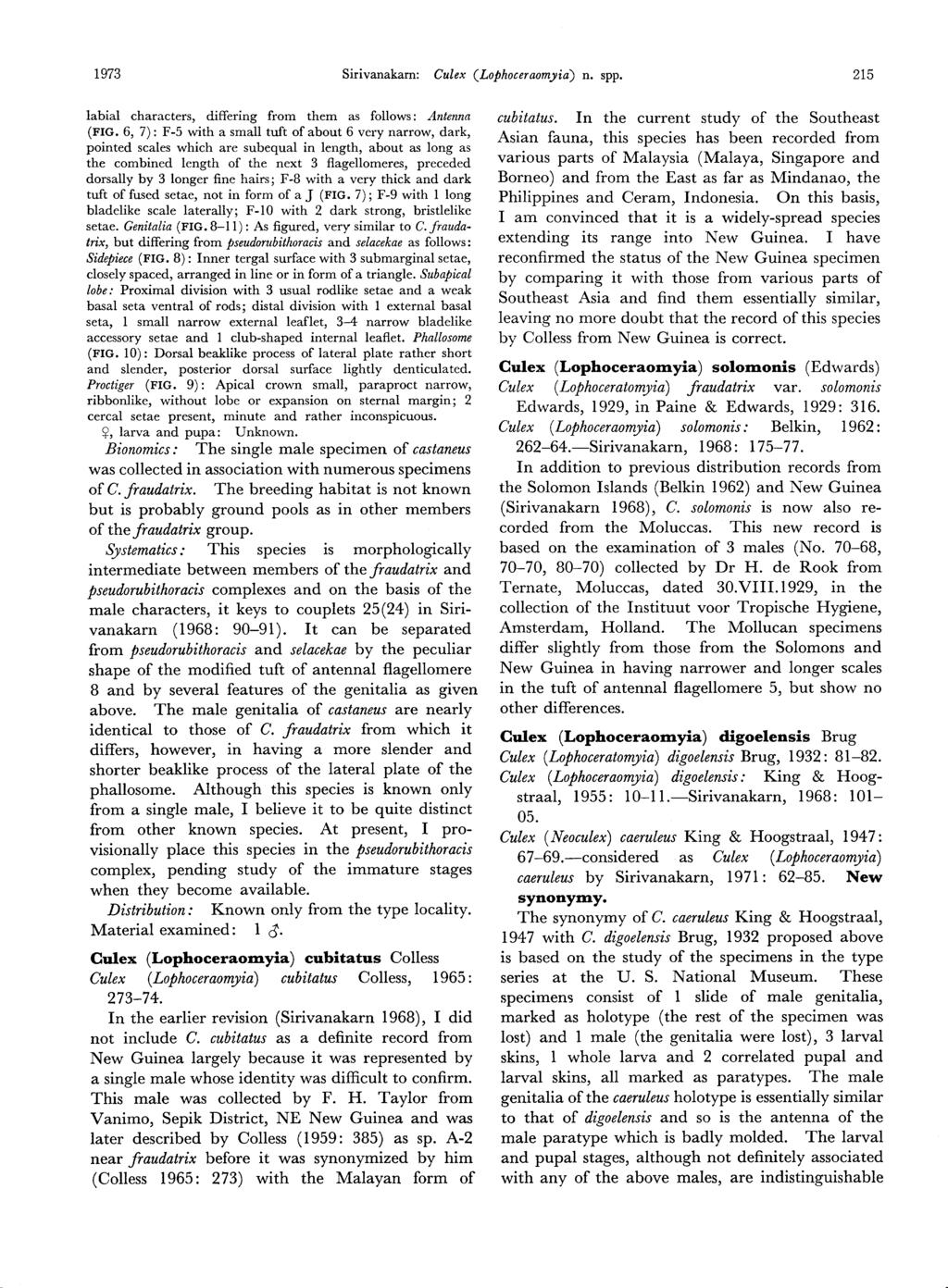 1973 Sirivanakarn: Culex (Lofihoceraomyia) n. spp. 215 labial characters, differing from them as follows: Antenna (FIG.