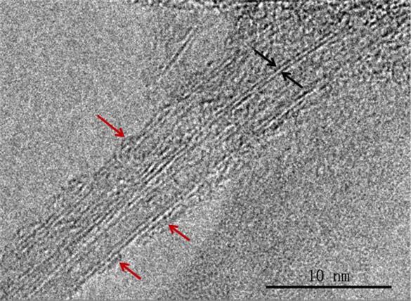 Fig. S6 HRTEM image of original SWCNT-PSt recorded at an accelerating voltage of 2 kv. The black arrows indicate the diameter of HiPco SWCNTs and the red arrows indicate the grafted polymer. 1.