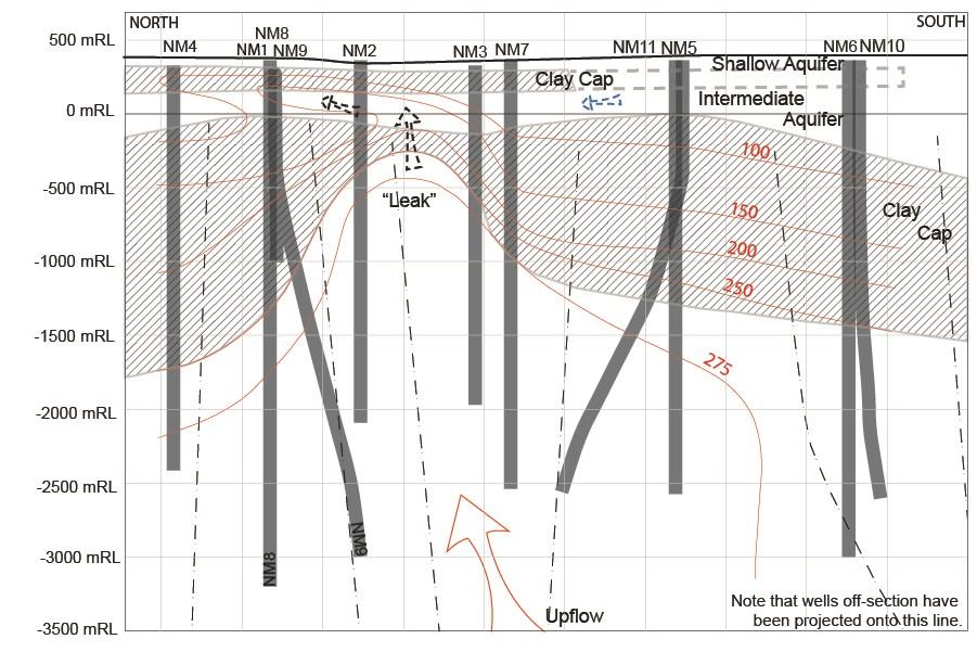 A key feature of the Ngatamariki reservoir is the presence of a cool intermediate aquifer sitting above the deep reservoir and the localized permeability pathway between them known as the leak (see