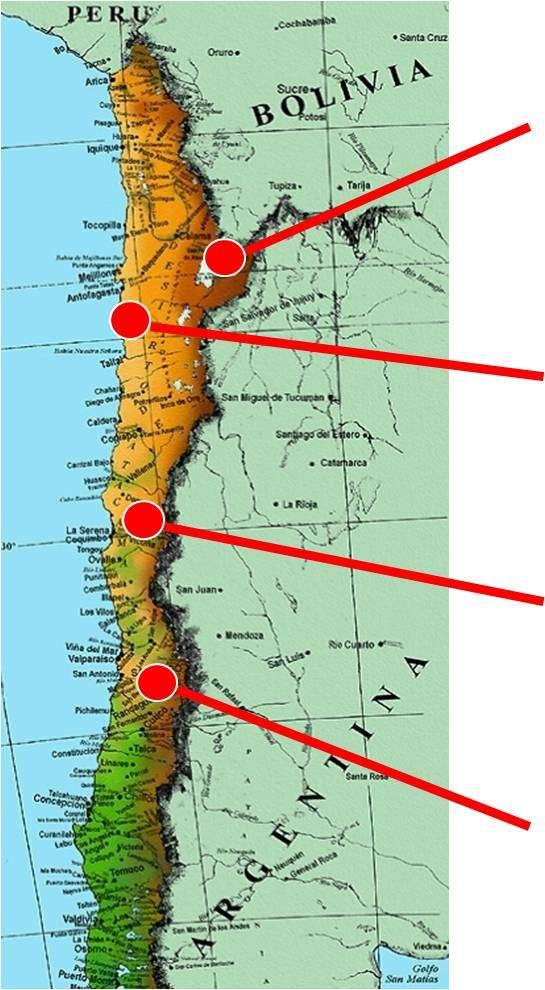 Chajnantor: Longitude: 67:45 W Latitude: 23:00 S Altitude: 5100 m ESO in Chile Paranal: Longitude: 70:25 W