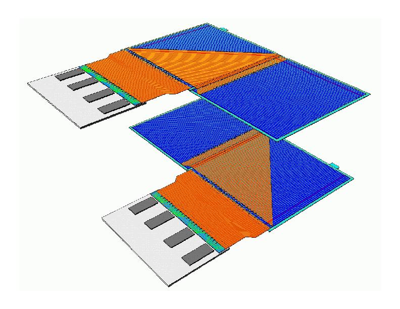 52 Chapter 3 The ZEUS microvertex detector Figure 3.5: The assembly of a full MVD module supports the readout chips (see section 3.1.3). The strips of the two sensors run perpendicular.