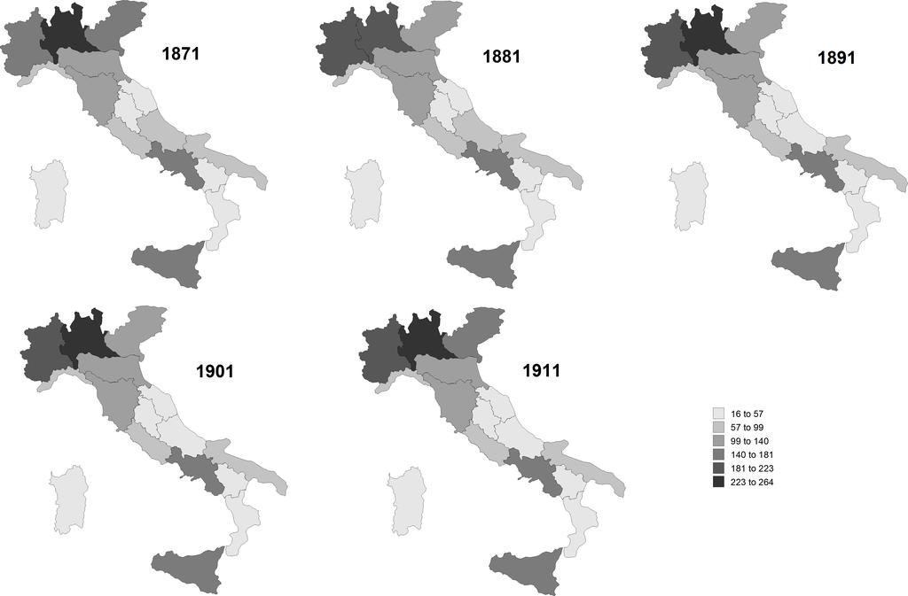 Figure 5: Total GDP of the Italian regions, 1871 1911 (constant 1911 prices, Italy=100). Source: Felice (2009) for 1881 and 1901 and Brunetti et al. (2011) for 1871, 1891 and 1911.