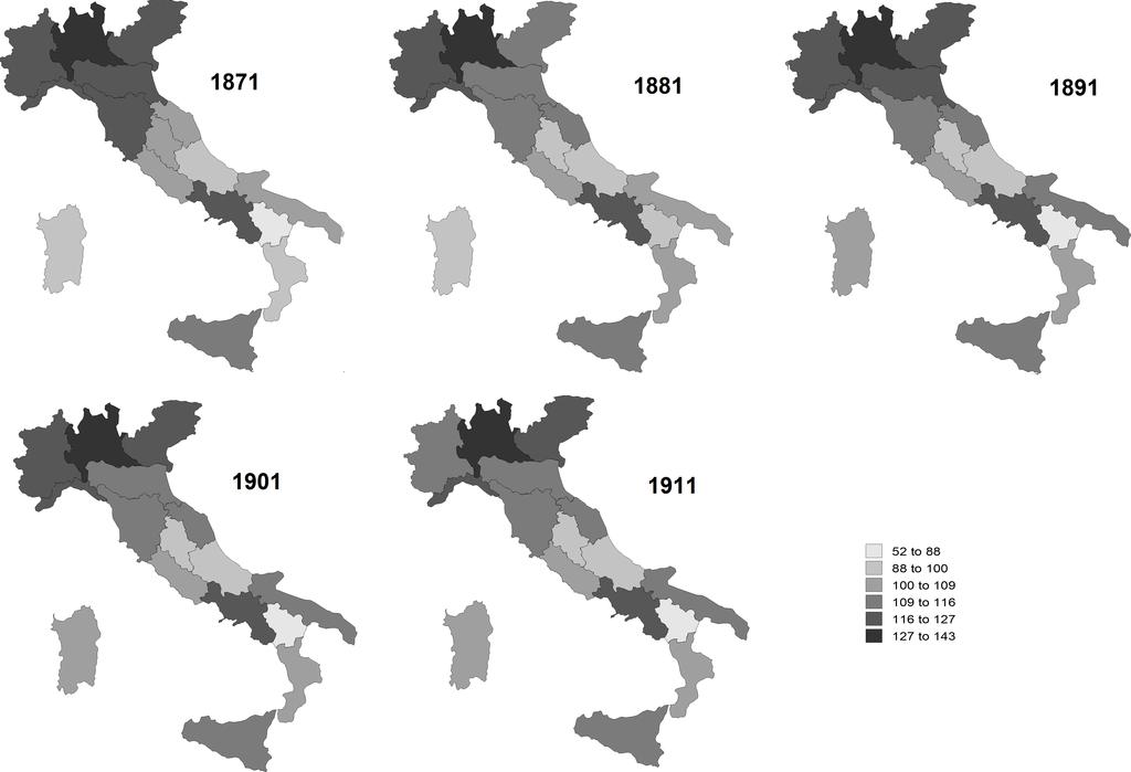 Figure 9: Domestic market potential in Italian regions, 1871 1911 (constant 1911 prices, Italy=100). Source: our own calculations. emerge without controlling for transport costs.