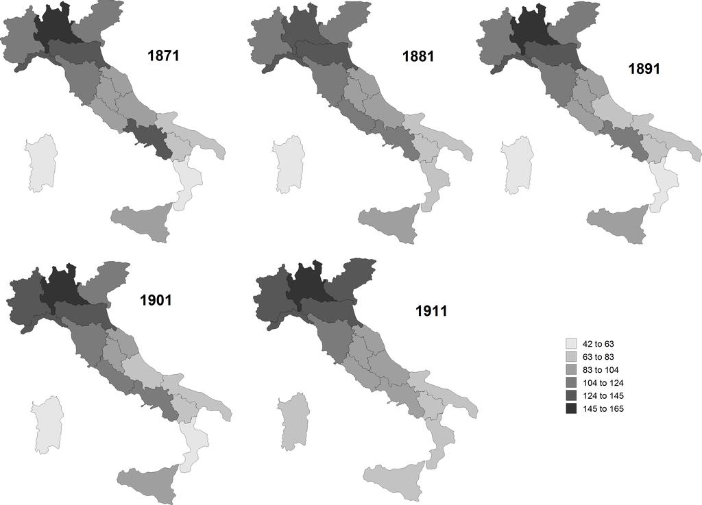 Figure 10: Domestic market potential in Italian regions, 1871 1911 (constant 1911 prices, Italy=100, straight line distances). Source: our own calculations.
