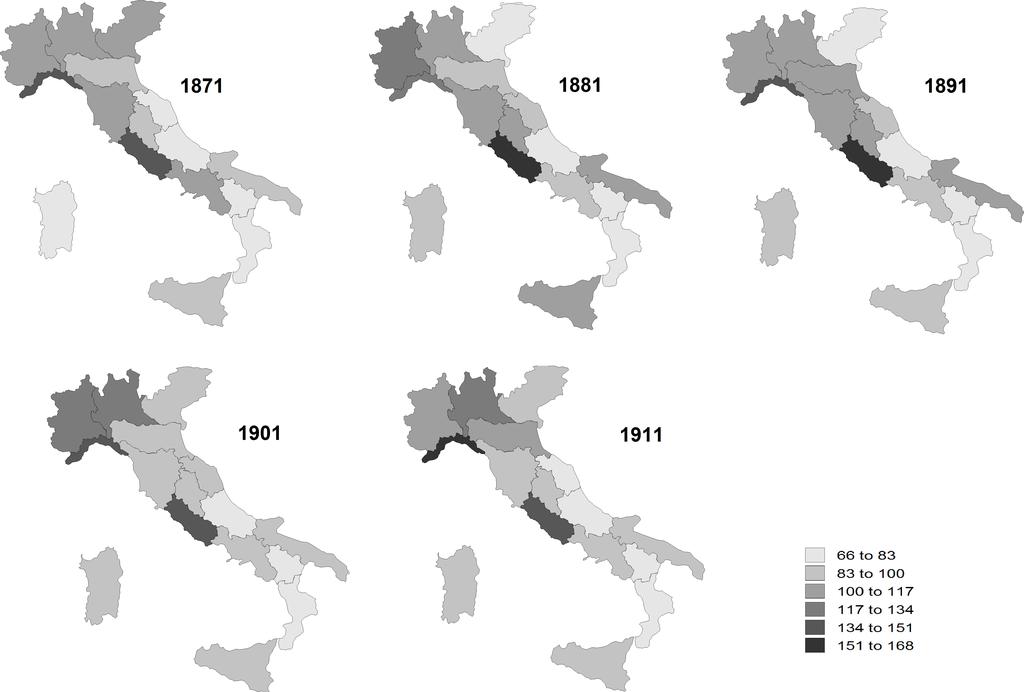Figure 1: GDP per capita of the Italian regions, 1871 1911 (constant 1911 prices, Italy=100). Source: Felice (2009) for 1881 and 1901 and Brunetti et al. (2011) for 1871, 1891, 1901 and 2009.