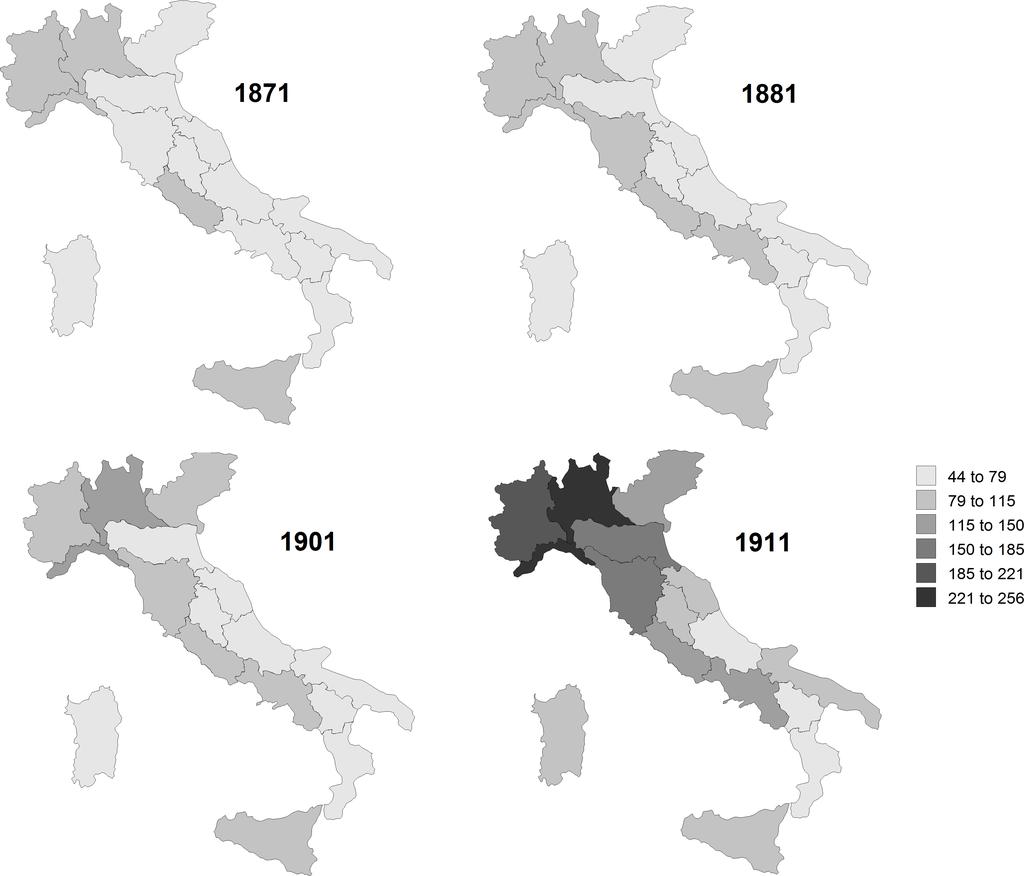 Figure 3: Industrial value added per capita in the Italian regions, 1871 1911 (constant 1911 prices, Italy=100). Source: Fenoaltea (2003) and MAIC (1874, 1883, 1902, 1914).