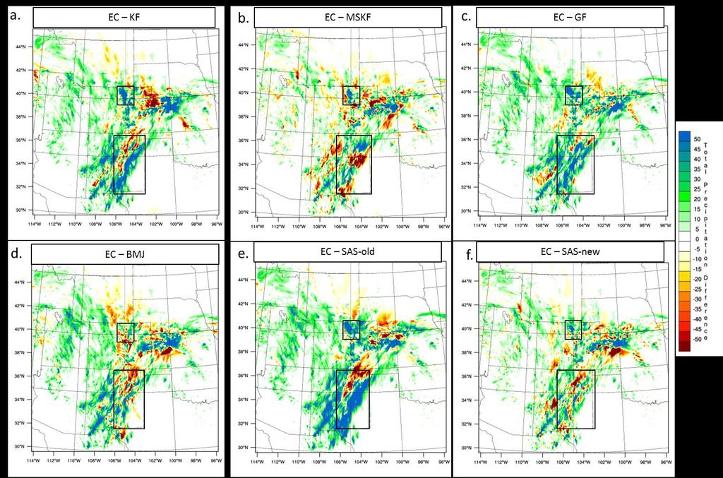 72-hour precipitation differences: Explicit CP experiments Red shading: EC < CP Blue shading: EC > CP 72-hour total precipitation differences (mm) Large errors/differences