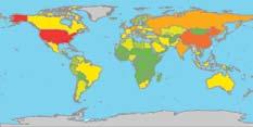 Greenhouse gas emissions are lowest in green countries, higher in yellow and orange countries, and highest in red countries.