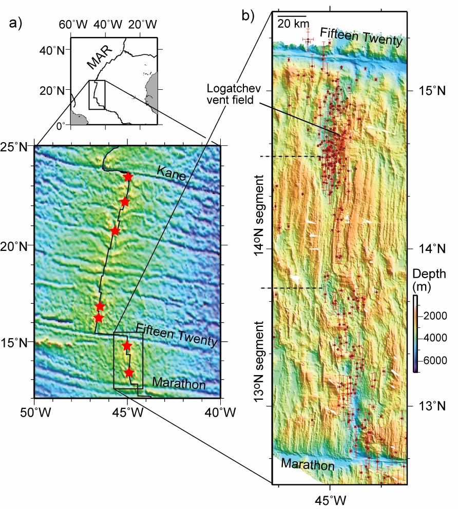 hydroacoustically-recorded seismicity, and extend our conclusions to other mid-ocean ridge segments in the region. Figure 1. Location map and bathymetry near 13oN on the Mid-Atlantic Ridge (MAR).