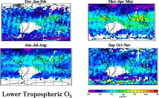 Figure 4: Seasonal mean distributions of O 3 in the lower troposphere derived from sub-sets of GOME data processed by the RAL scheme in the four year period 1995-8.