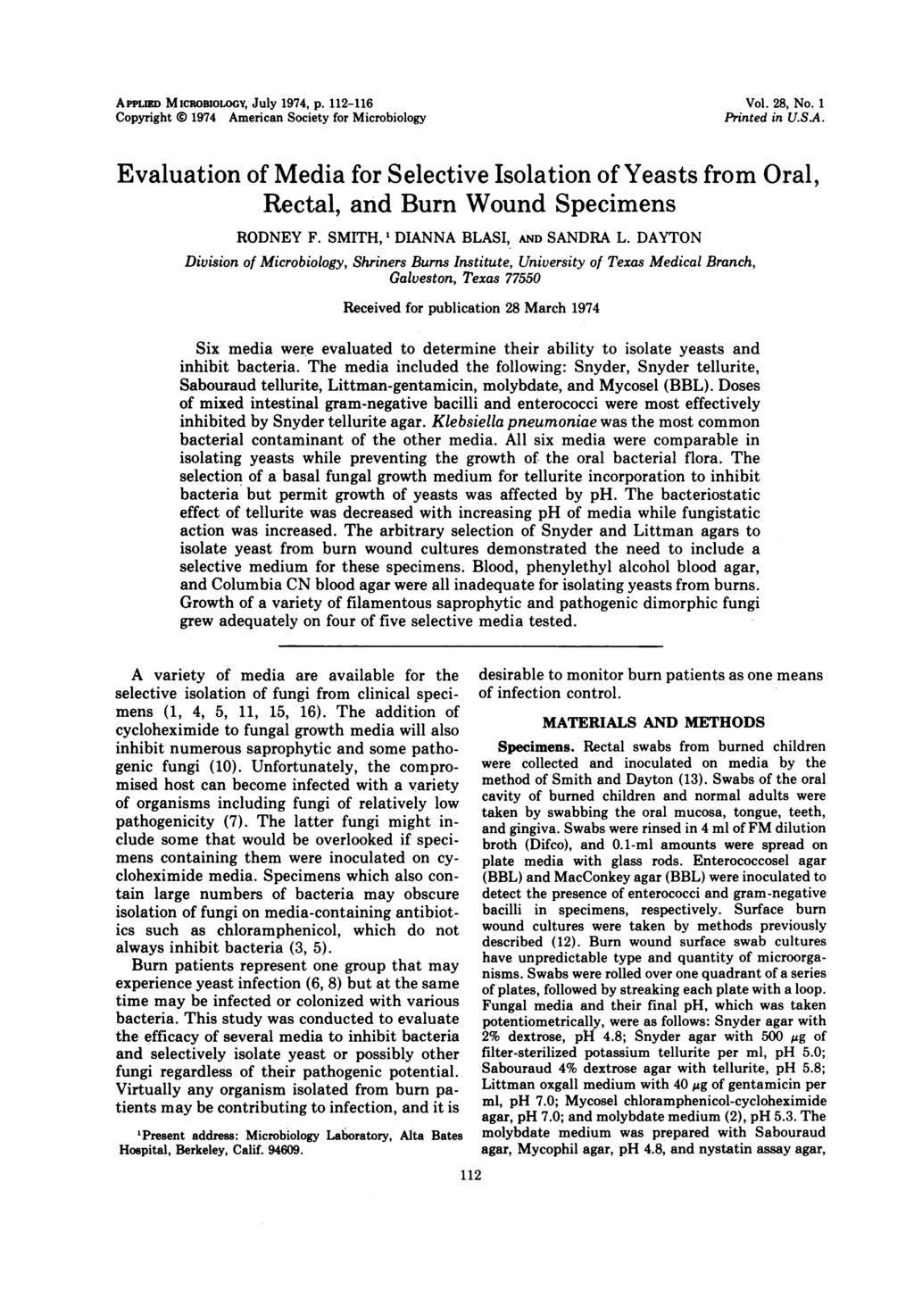 ApPLm MICROBIOLOGY, July 1974, p. 112-116 Copyright 0 1974 American Society for Microbiology Vol. 28, No. 1 Printed in U.SA.