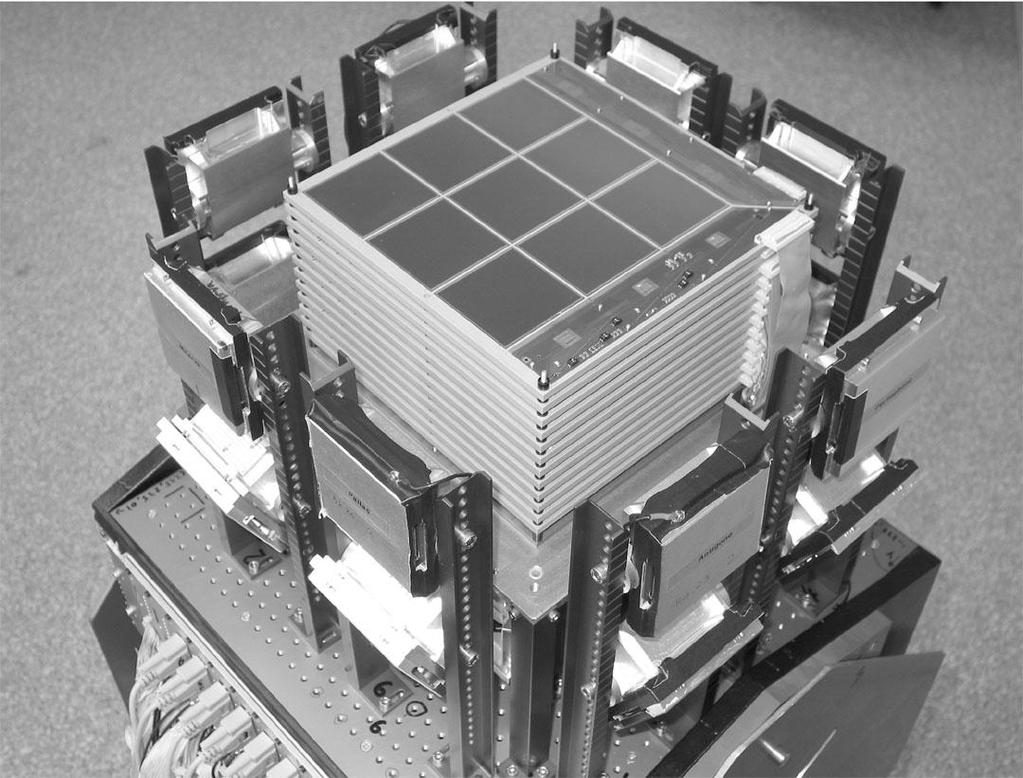 Fig. 3. The MEGA prototype including SSD and CsI detectors. The MEGA prototype [6] contains 8448 and 2880 channels of measurement in the tracker and calorimeter respectively.