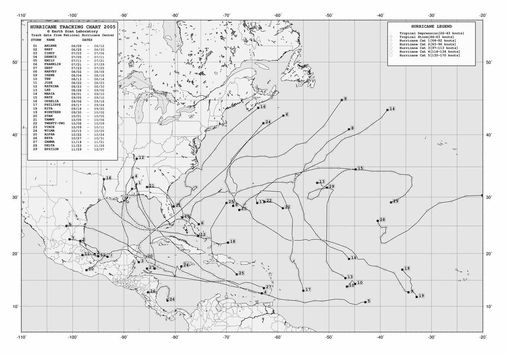On the 2005 chart above, trace the path of several of the hurricanes with your finger.
