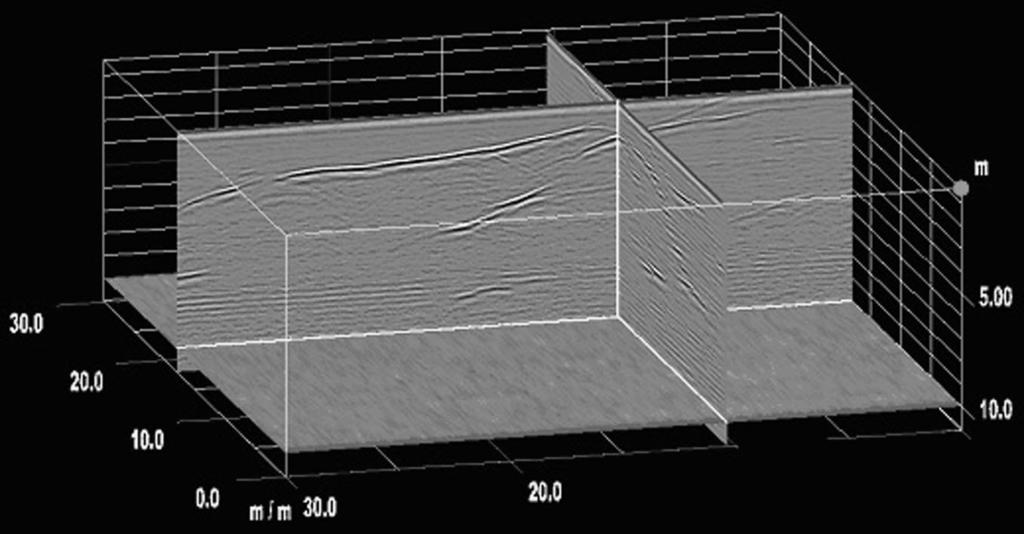 H. Luodes: Natural stone assessment with GPR Fig. 11. A schematic presentation of the three-dimensional GPR visualization showing the propagation of the fracture planes in perpendicular directions.