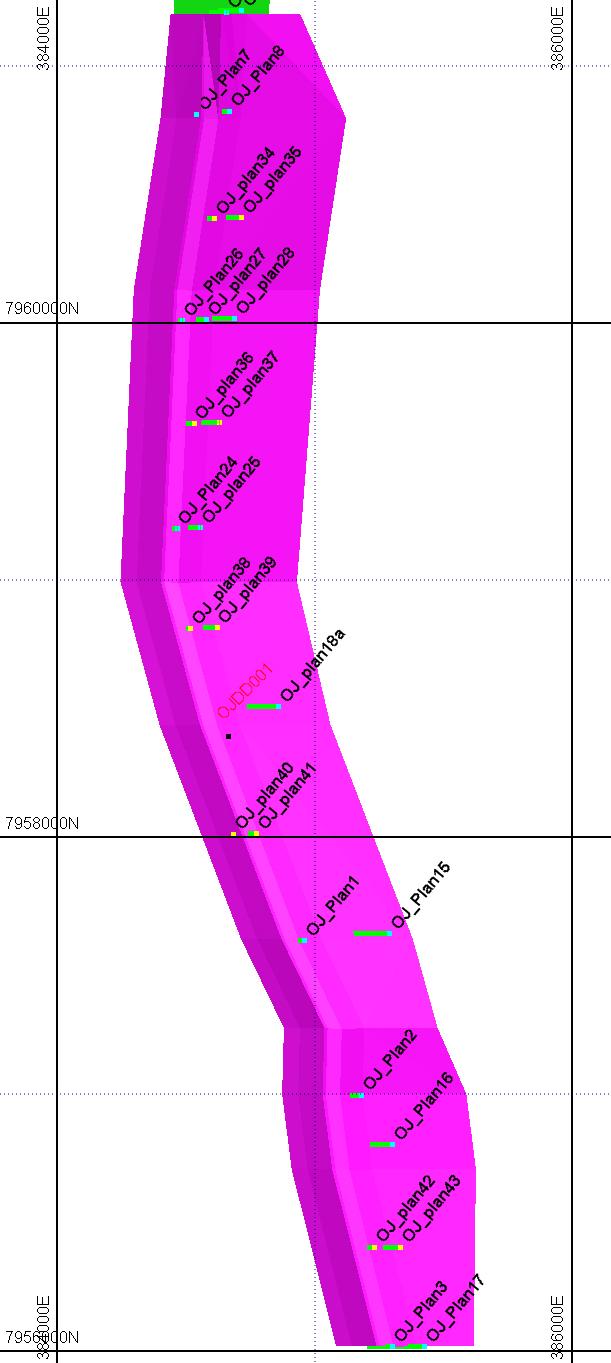 Figure 1: Ondjou Prospect (north/south plan view) Exploration target shown in purple; current JORC