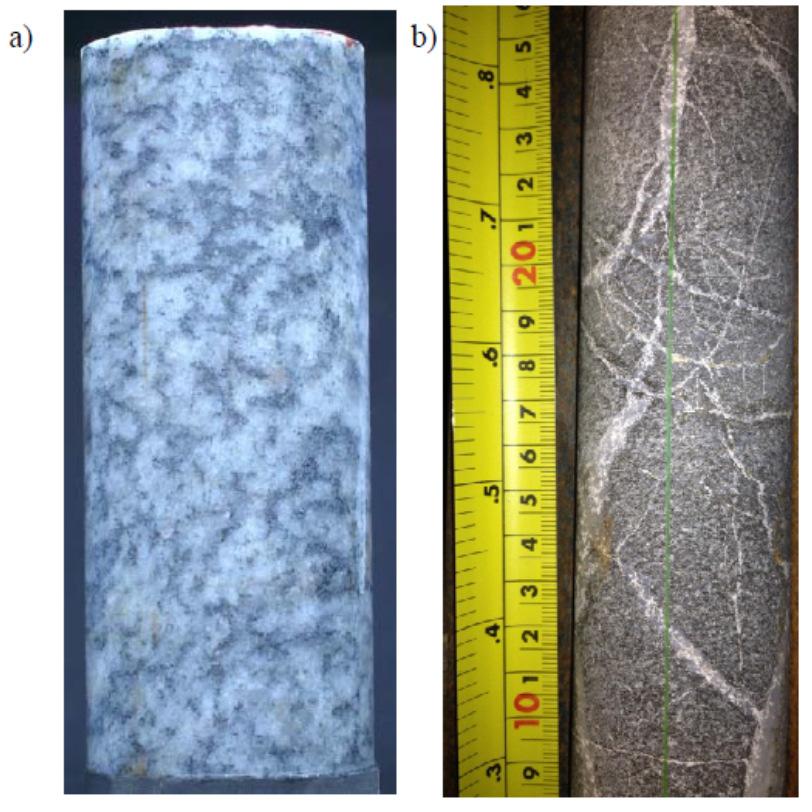 Intact homogeneous rock (Figure A1a): Cylindrical rock specimens which visually appear to be homogeneous with limited variability in grain size distribution, mineral grain composition, or extent of