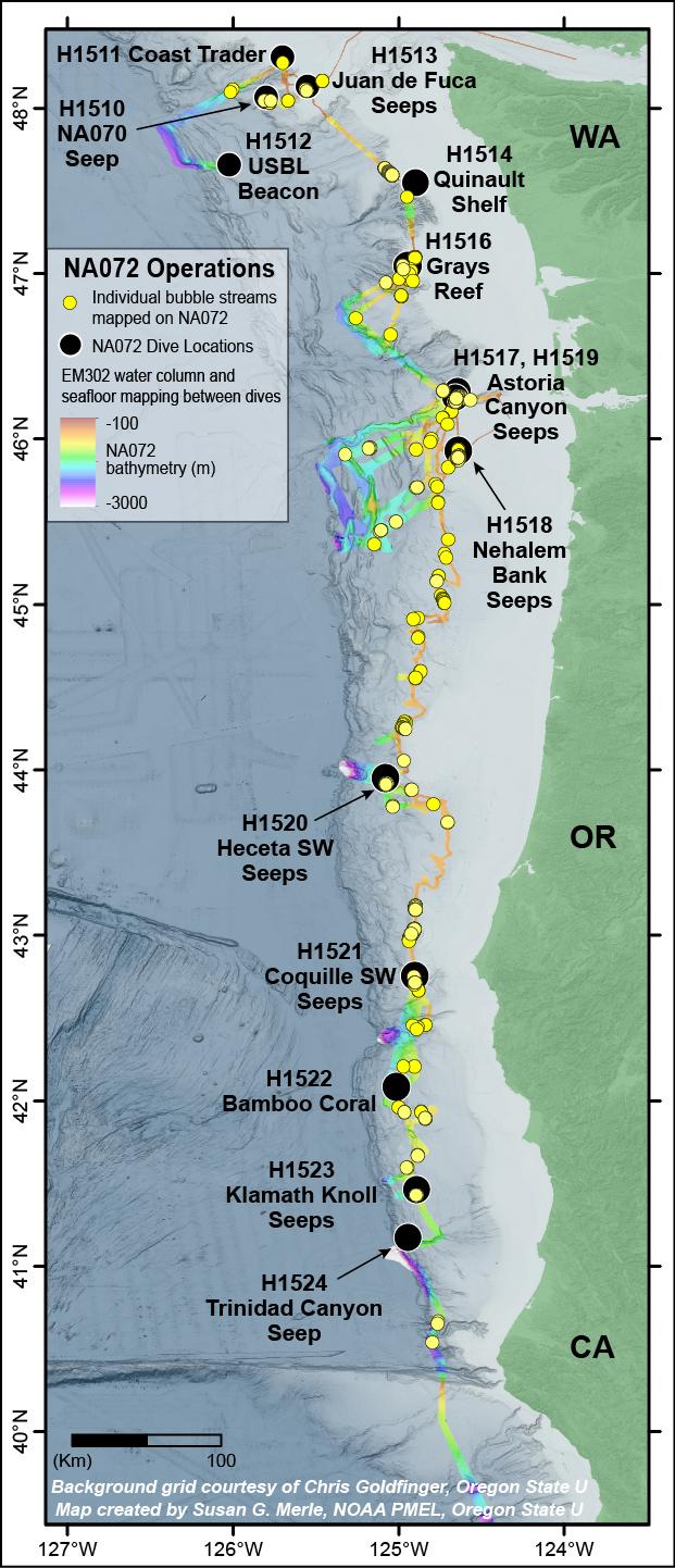 Fig. 1 Locations of Hercules ROV dives and methane bubble streams found along Cascadia margin on NA072 with the E/V Nautilus EM302 multibeam sonar system. Gray-scale bathymetry underlay courtesy of C.