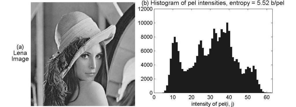 3F1 Information Theory Course - Section 3 (supervisor copy) 35 Fig. 3.1: Lena image, with its zero-order histogram of pixel intensities, and its first-order conditional probability matrix of pairs of vertically adjacent pixels.