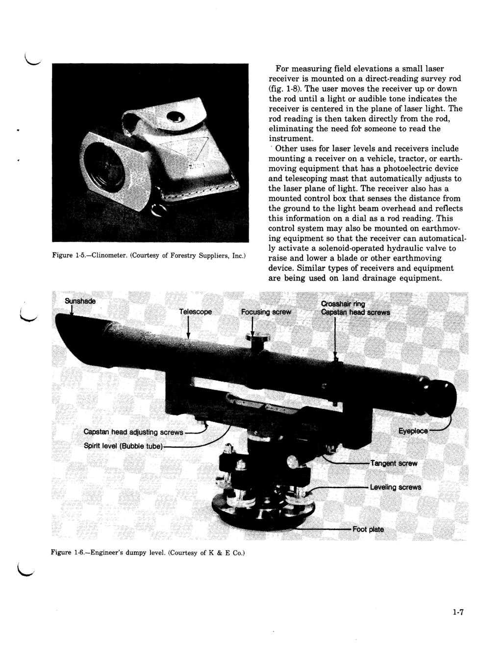 Figure 1-5.-Clinometer. (Courtesy of Forestry Suppliers, Inc.) For measuring field elevations a small laser receiver is mounted on a direct-reading survey rod (fig. 1-8).