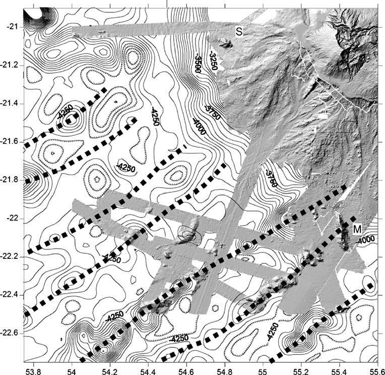 Bull Volcanol (2008) 70:717 742 727 Fig. 6 Map showing the connection of La Réunion with the seafloor ridges at the south west. The ridges are shown by discontinuous heavy lines.