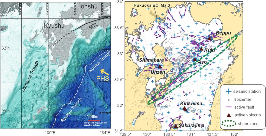 Matsumoto et al. Earth, Planets and Space (2015) 67:172 Page 2 of 9 studies have reported right-lateral strike-slip and extensional movements along the MTL on Kyushu Island (e.g., Okada 1980; Kamata and Kodama 1994, 1999).