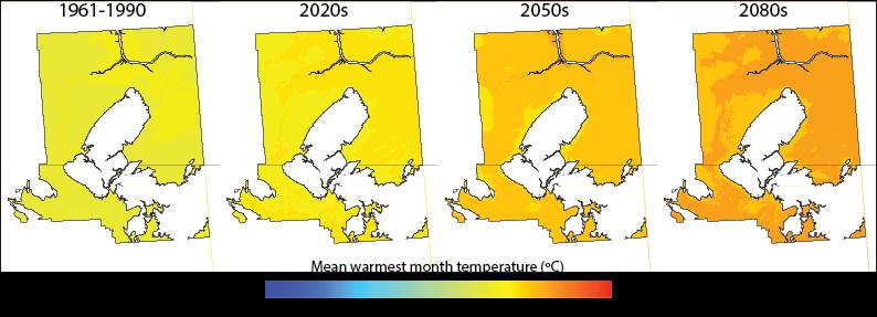 Figure 26: Current and projected future mean coldest month temperature for white spruce Control Parentage Program (CPP) region E.