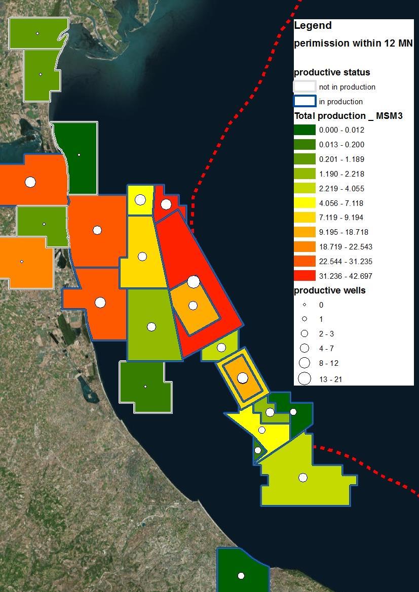 Effect of gas exploitation The coastal and marine area of Emilia-Romagna, within the 12 Mn (24 permissions; 113