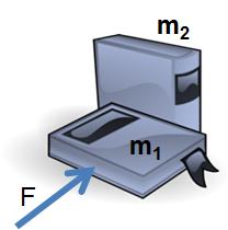 3) Consider two books of masses: = 0.3 kg m 2 = 0.9 kg placed side by side on a frictionless horizontal surface as shown. A force F = 0.32 N pushes horizontally. Both books move together.