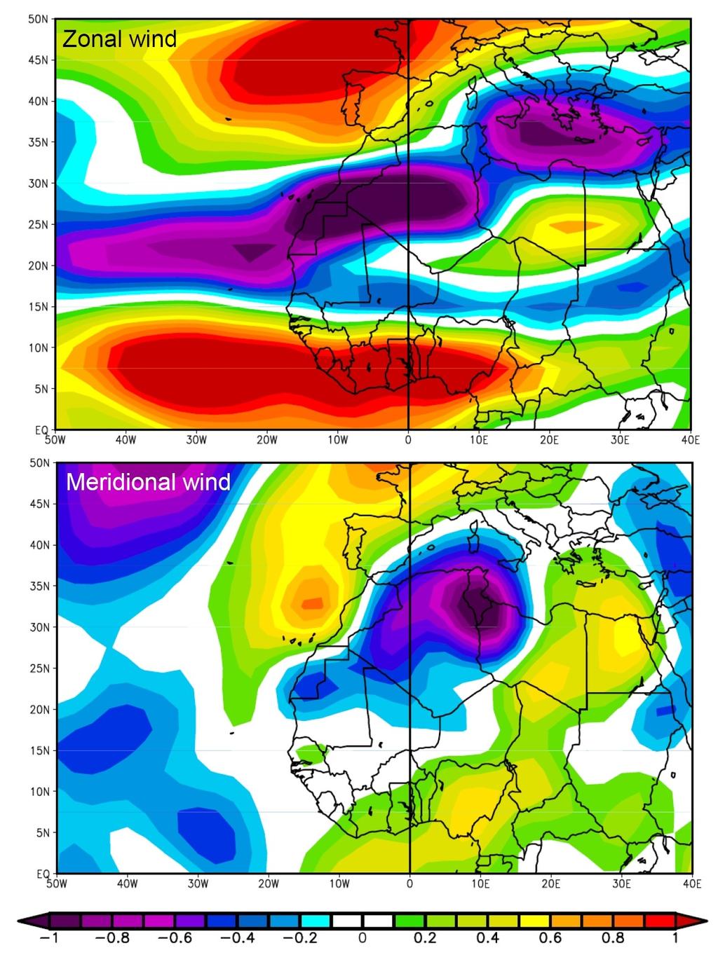 S. Regression plots between NAFDI and 00 hpa zonal (for the Atlantic) and meridional (for the Mediterranean) wind components for the period 190-01. Figure S.