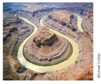Figure 7 When land is gradually uplifted, a meandering river adjusts to being higher above base level by downcutting.