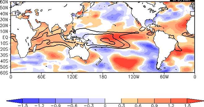 SST Composite Map In El Nino Phase (DJF) Contours: analysis, Shadings: anomaly, Statistical period: 1979 2009