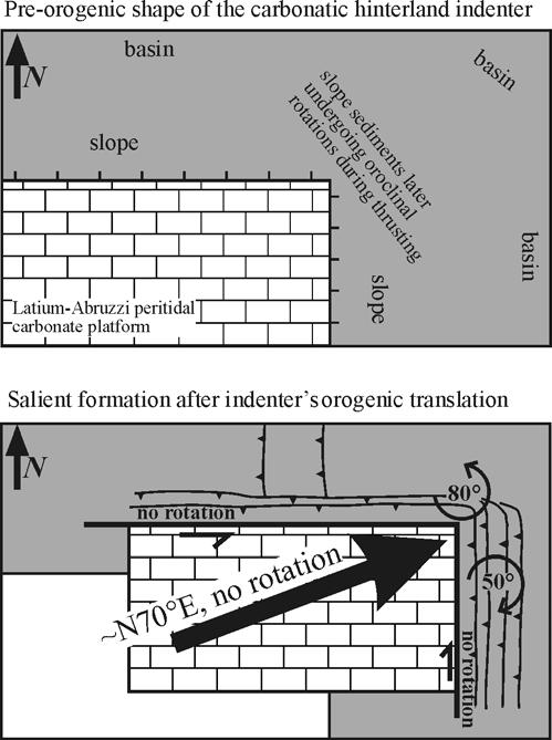 Figure 12. Schematic cartoon (not in scale) showing the modes of salient formation and the paleomagnetic rotations at Gran Sasso after indentation of a nonrotating convex hinterland corner.
