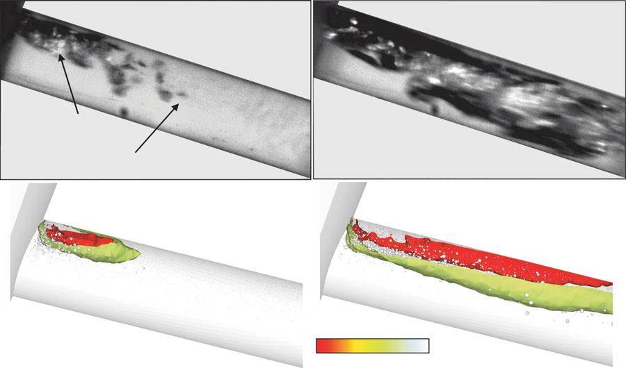 Comparison between CCD images and model predictions for the vapour distribution inside the real-size nozzle: (a) incipient cavitation number case (CN =5) and (b) fully developed cavitation (CN = 15)