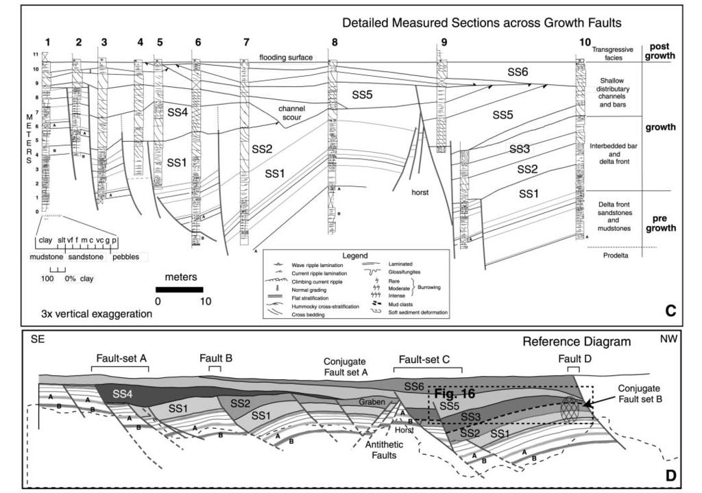 sections, and (D) reference diagram. Lettered beds A and B (colored in digital version) are matched to the sands in the measured section and show offset on faults.