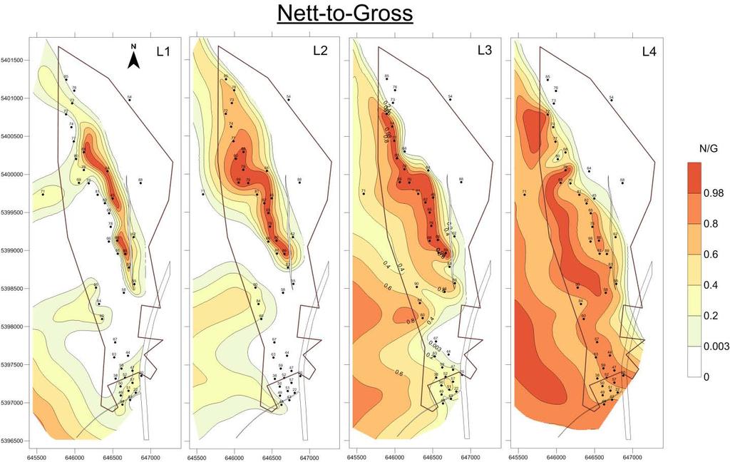 Net-to-Gross maps in the four partial horizons of the Lab