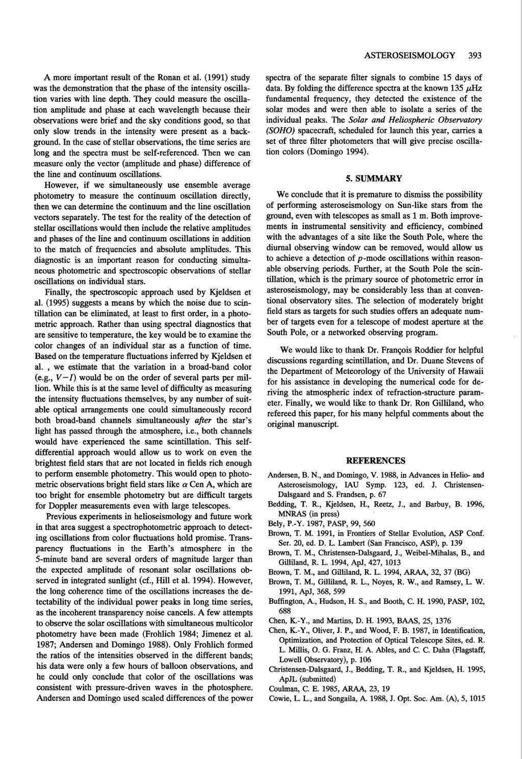 ASTEROSEISMOLOGY 393 A more important result of the Ronan et al. (1991) study was the demonstration that the phase of the intensity oscillation varies with line depth.