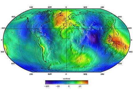 The Geoid Gravity varies around the globe, because of variations in density due to magma distributions, mountain ranges,