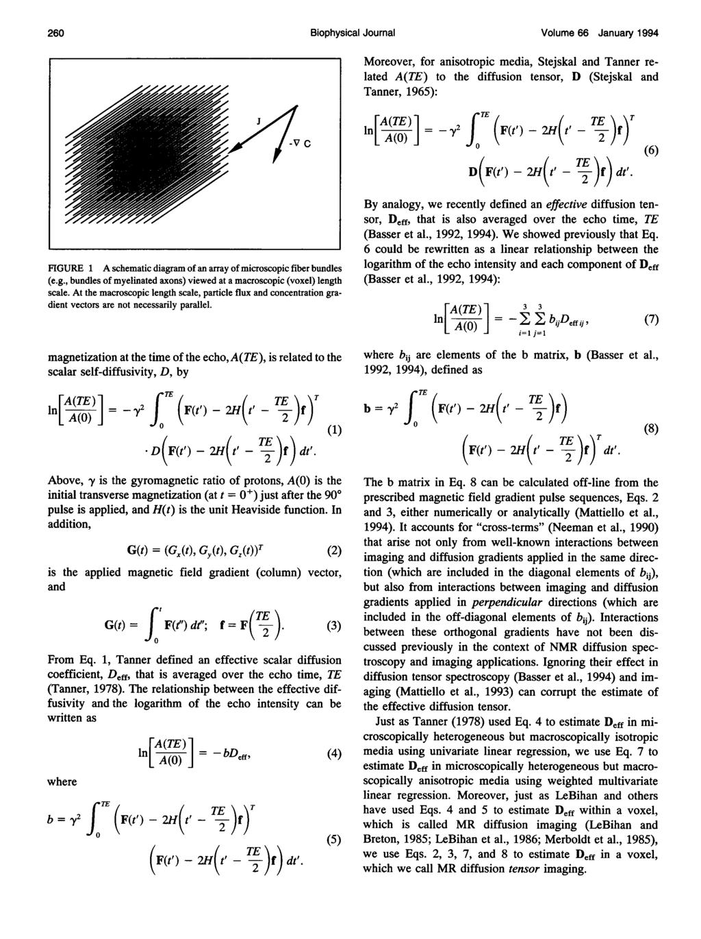 260 Biophysical Journal Volume 66 January 1994 Moreover, for anisotropic media, Stejskal and Tanner related A(TE) to the diffusion tensor, D (Stejskal and Tanner, 1965): -v C In j= -y2 (F(t') 2H(\t'