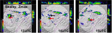 Fig. 2. The horizontal and vertical projection of maximum radar reflectivity Z max [dbz] measured by the weather radar Skalky with the pixel size of 2 2 km on July 2, 2000.