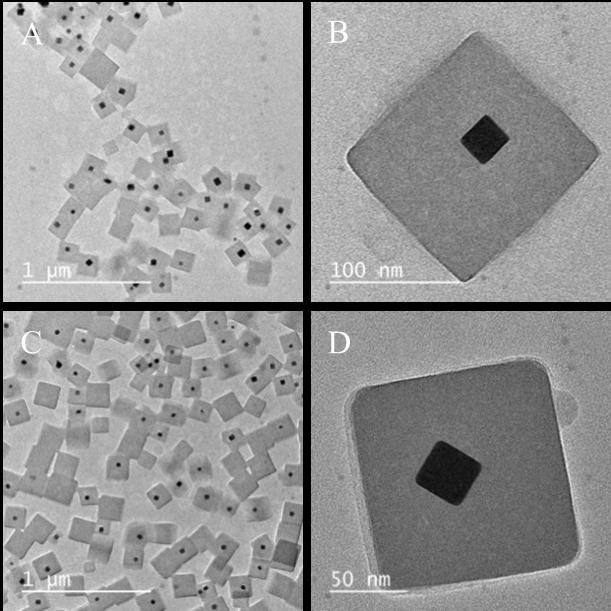Figure 7. TEM images of Pd@ZIF-8 with different average shell thicknesses: 60 nm (A, B); 35 nm (C, D).