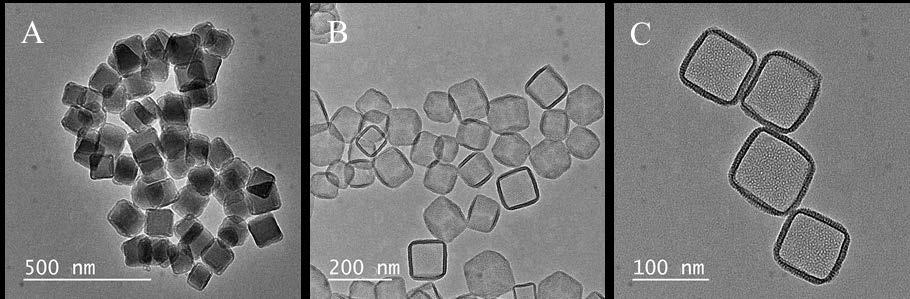 Figure 9. TEM images of mesoporous SiO 2 synthesis without Pd nanocubes, before acid treatment (A), and after acid treatment (B, C).