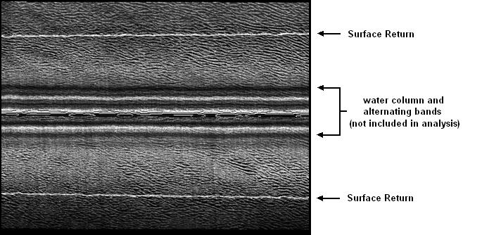 example of a typical sidescan sonar image with a strong surface return. This image has already been cropped to a regular rectangular shape.
