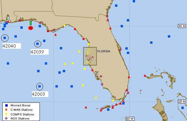 Figure 4-1: Locations of REMUS legs (marked by a green box with black border), Site 7 (marked with a red circle), and NDBC Buoys 42003, 42039, and 42040 (circled). Map courtesy of NDBC.