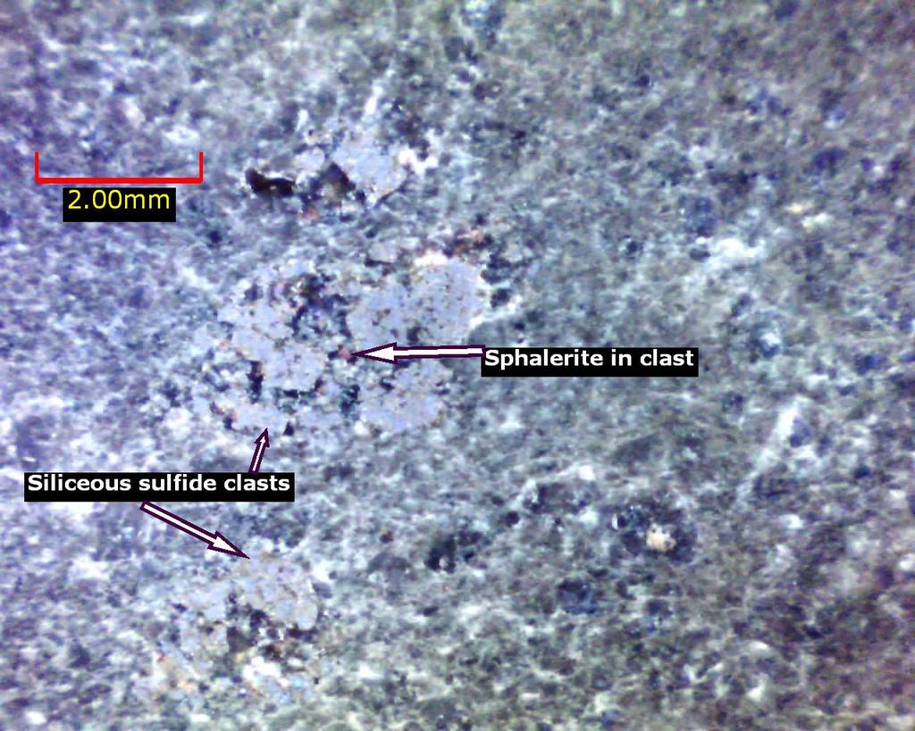Figure 17. Same siliceous-pyritic clasts w/ different lighting. DDH SXL-1 Alteration The volcanics are calcareous above about 230 (decrease downward?).