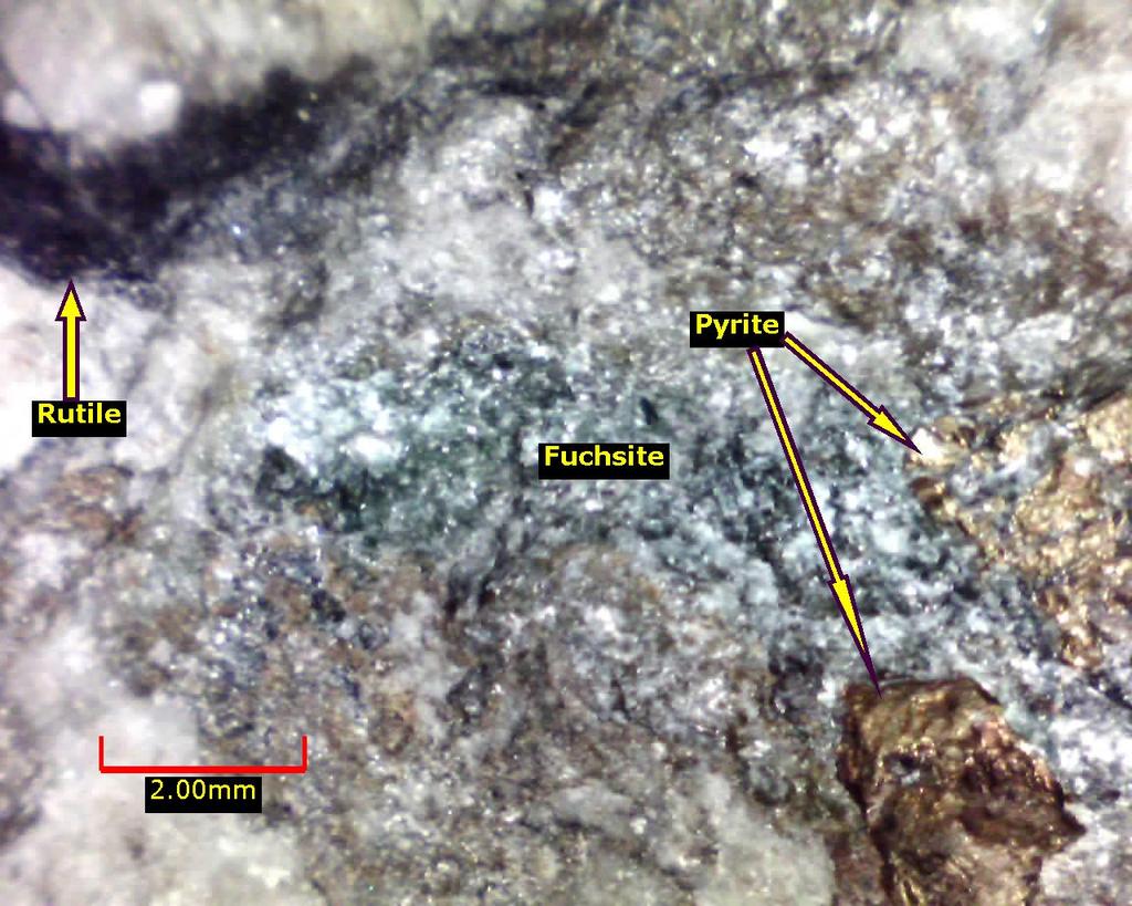Quartz vein is crackled with late calcite filling voids.
