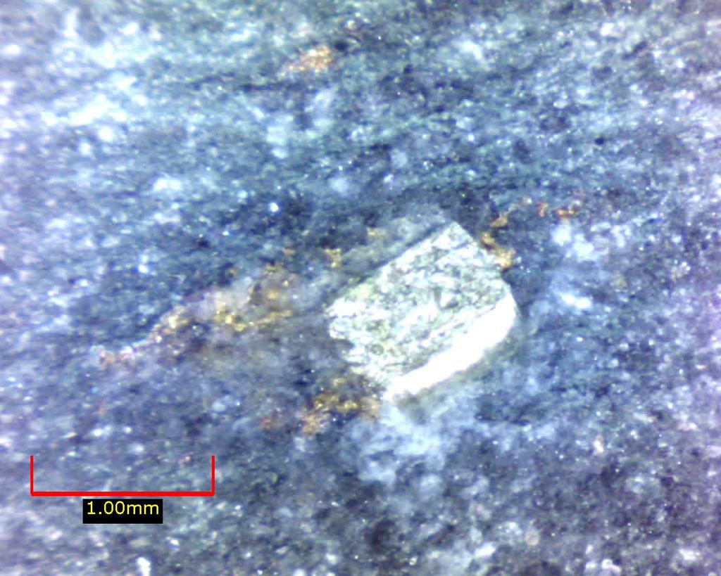 Native copper? Pyrite Calcite Figure 49. DDH FM-5 @ 144.5 small native copper(?) grains in calcite pressure shadow(?) of euhedral pyrite grain. shows the irregular form of rutile in a quartz vein.