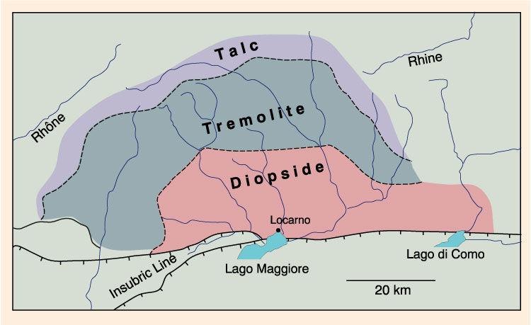 After Trommsdorff (1966) Schweiz. Mineral. Petrogr. Mitt., 46, 431-460 and (1972) Schweiz. Mineral. Petrogr. Mitt., 52, 567-571.