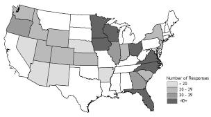 Figure 1: A Map of County-Level Responses from Each State Analyzed.