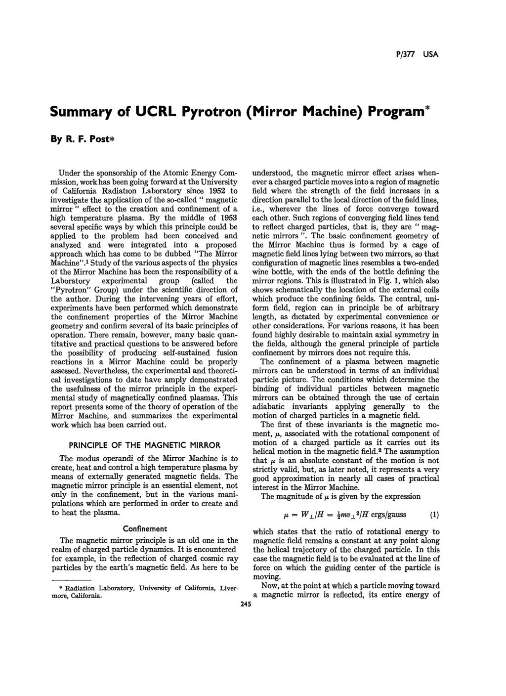 P/377 USA Summary of UCRL P/rotron (Mirror Machine) Program" By R. F.
